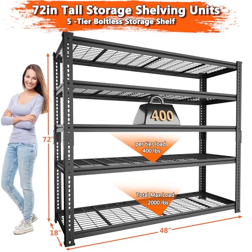 ROOMTEC Garage Shelving, 2800 LBS Capacity Sorage Shelves Heavy Duty, 5 Tier Adjustable Metal Organizer Wire Rack, 48"L x 18"W x 72"H Utility Shelf Unit for Kitchen Pantry (1, 48" L x 18" W x 72" H) ROOMTEC