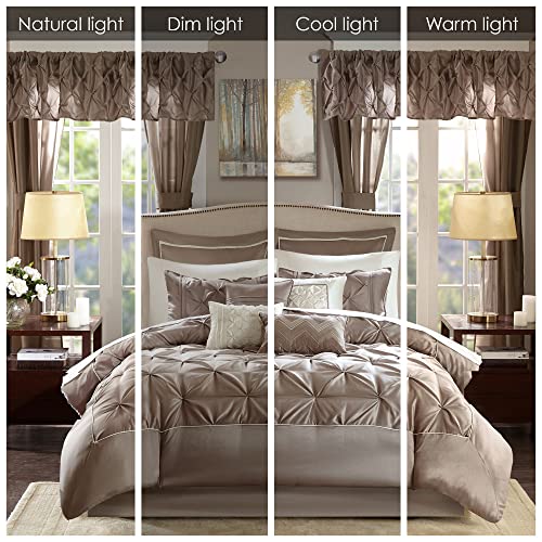 Madison Park Essentials Room in a Bag Faux Silk Comforter Set - Luxe Diamond Tufting All Season Bedding, Matching Curtains, Decorative Pillows, Taupe Queen(90"x90") 24 Piece Madison Park