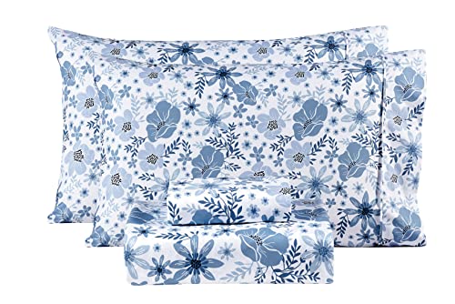 Mooreeke Queen Size Sheets Set - 4 Piece Soft Breathable Microfiber Bed Sheet Set - Blue & White Flower Pattern Sheet Set Queen - Deep Pocket Non-Slip Floral Fitted Sheet Included for All Season Mooreeke