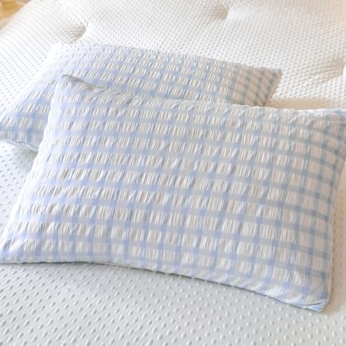 tohrisa Boho Comforter Set Full Size - 3 Pieces Lightweight Jacquard Seersucker Bedding Sets (1 Soft Fluffy Grid Comforter & & 2 Pillowcases) - All Seasons Cozy Modern Bed Set(80"x90" Light Blue) tohrisa