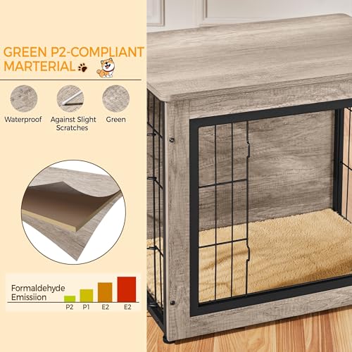 Yaheetech 27.5'' Dog Crate Furniture with Cushion Wooden Dog Crate with Double Doors/Adjustable Feet Side End Table for Small/Medium Dogs, Greige Yaheetech