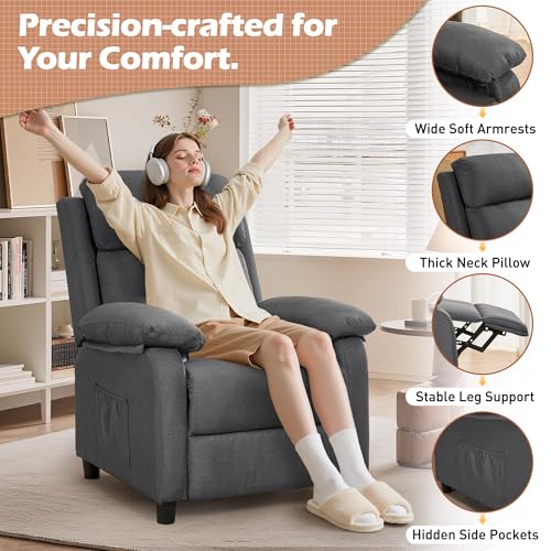 Korser Recliner Chair, Living Room Chairs for Adults, Padded Deep Seat Reading Chair with Side Pockets, Small Recliners for Small Spaces, Lounge Chair for Living Room, Bedroom, and RV (Linen)