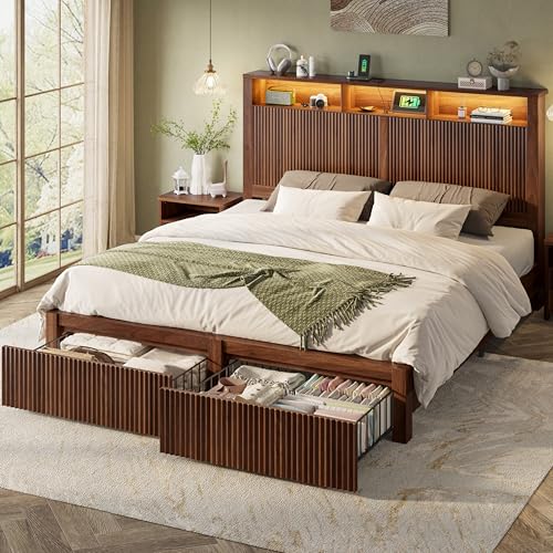 CypBed King Size Bed Frame and Headboard& 2 Storage Drawers, King Bed Frame with LED Light and Charging Port, Farmhouse Wavy Design, Wood & Metal Platform, Noise-Free, No Box Spring Needed, Walnut CypBed