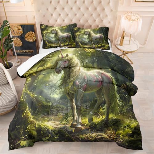 Ydtwnyq Bedding Twin Size Comforter Set Lightweight for Summer Duvet Set Green 3 Pieces (1 Quilt and 2 Pillowcases) Ethereal Single Horn Horse Quilt for Kids Adults Ydtwnyq