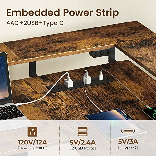 Rolanstar L Shaped Standing Desk with Keyboard Tray, Height Adjustable Corner Desk with LED Light & Power Outlet, Electric Sit Stand Computer Desk with Monitor Stand, Rustic Brown Rolanstar