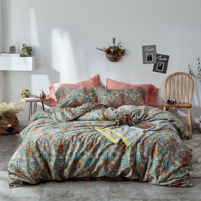 mixinni Vintage Style Garden Flower Duvet Cover Set with Zipper Closure Long Staple Percale Cotton Yellow Vibrant Pattern on Bedding Quilt Cover Set(California King, All Season)