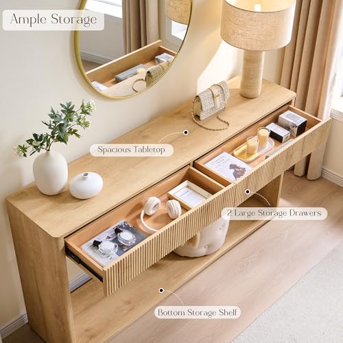OKD 63" Fluted Console Table for Entryway, Modern Entryway Table with 2 Large Drawers, Long Sofa Table Behind Couch for Living Room, Hallway, Couch, Foyer,Natural Oak OKD