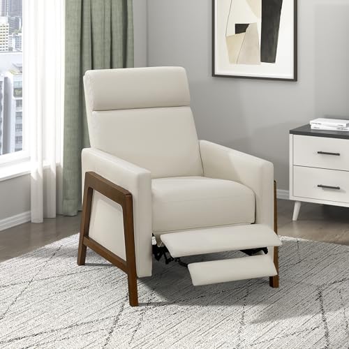 Lexicon Push Back Recliner Chair, Faux Leather Upholstered Reclining Chair with Footrest, Exposed Dark Brown Finish Wood Frame, Small Recliner for Small Space, Living Room, Bedroom, Light Beige
