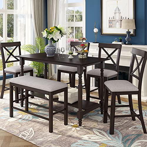 Merax 6 Pieces Counter Height Dining Table Set, Wood Rectangular Table and 4 Chairs and Bench, Kitchen Dining Table Chairs Set for 6 Persons (Espresso) Merax