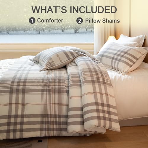 hadamick 100% Cotton Comforter Set Full Size – Reversible Yarn-Dyed Checkered Design, Soft Washed Cotton on Both Sides, Lightweight All-Season Bedding, Machine Washable(Grey White Plaid, 80”x90”) hadamick