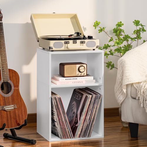 YAHARBO 2 Cube Bookshelf, White Record Player Stand with Vinyl Storage Up to 100 Albums, Horizontal Low Book Shelf, Mini Bookcase with Storage Organizer, Small Turntable Stand for Living Room, Bedroom YAHARBO