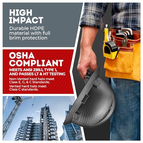 Acerpal Full Brim Non-Vented Classic Black Carbon Fiber Design Matte Finish OSHA Construction Approved Hard Hat with 6-Point Suspension Casco de construccion ACERPAL