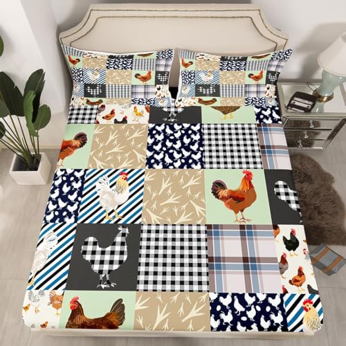 Feelyou Chicken Bed Sheets Set King Size Rooster Hen Print Sheet Set for Kids Boys Girls Decor Cute Blue Grey Green Sheets with Deep Pocket Fitted Sheet Geometric Bedroom Feelyou