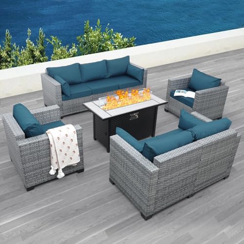 Lviden 5 Piece Wicker Patio Furniture Sets Outdoor Conversation Set, PE Rattan Sectional Sofa Couch with 45" Fire Pit Table and Non-slip Peacock Blue Cushions, Furniture Covers included Lviden