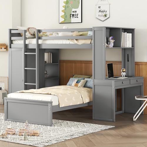 Harper & Bright Designs Twin Over Twin Bunk Bed with Desk, Drawers and Wardrobe, Wooden Loft with Stand-Alone Bed and Shelves for Kids Teens, Grey Harper & Bright Designs