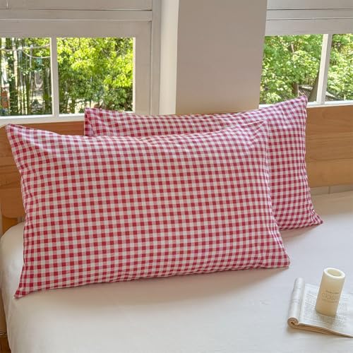 NSNLGSGC Red Gingham Grid Duvet Cover Set Twin, 100% Washed Cotton Plaid Comforter Cover Set,Ultra-Soft & Lightweight Cottage Bedding Set(2PCS, Twin) NSNLGSGC