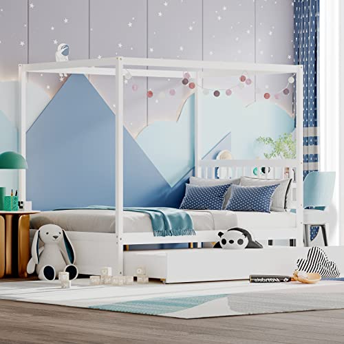 Giantex White Canopy Bed with Trundle - Stylish Solid Wood Full Size Frame for Kids Giantex