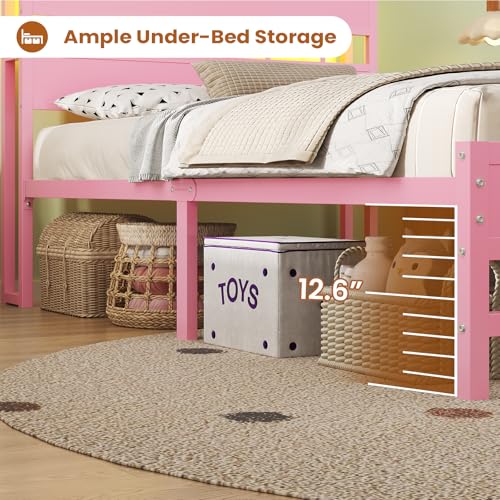 BTHFST Twin Bed Frame with Storage Headboard & Charging Station, LED Bed Frame Twin with 5 Shelves & Under Bed Storage, Platform Bed Frames for Kids, No Box Spring Needed, Pink BTHFST