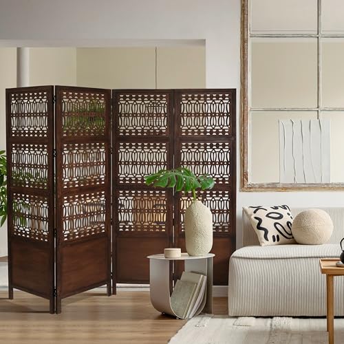 Room Divider Screen, 4-Panel Folding Wood Screen Pattern, Antique Brown, 72 x 80 Inches, Hand Carved Decorative and Functional, Reversible, Portable Privacy Partition, Boho Style – Bedding Craft Bedding Craft