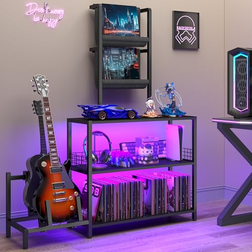 kepptory Tall Record Player Stand with LED Lights, Display Shelf Bookshelf with Guitar Stand, Floor Lamp with Shelves, Vinyl Holder and Adjustable Stand, for Living Room Bedroom(Black) kepptory