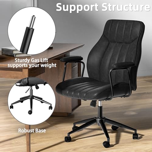 Bananister Black Leather Office Desk Chair with Wheels and Arms, Height Adjustable, Vintage, Mid Century Modern Style Bananister
