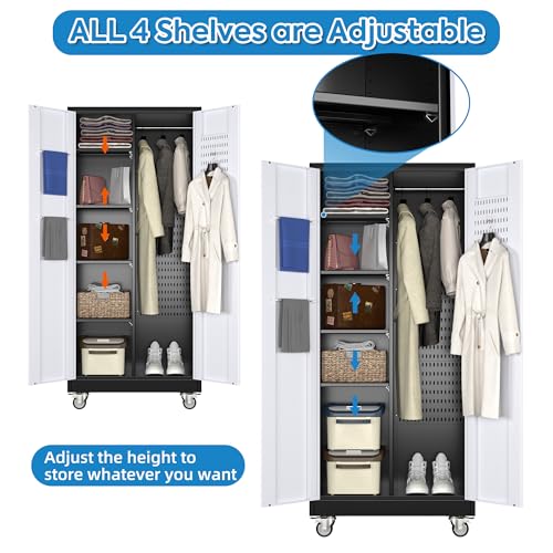 GLADIW Garage Storage Cabinet with Wheels, Broom Closet Storage Cabinet with Pegboards and Adjustable Shelves, Metal Tool Cabinet with Lockable Door for Garage Home, Black and White GLADIW