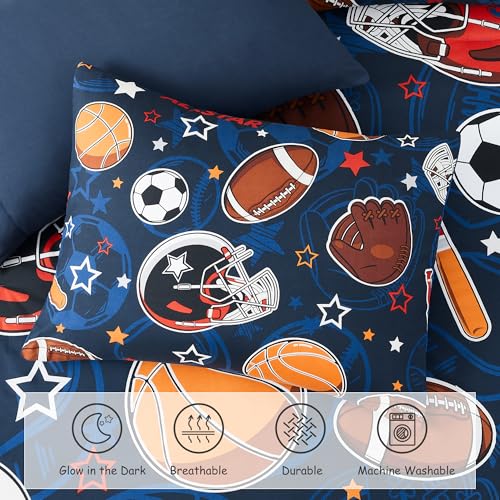 Wink Deer Twin Comforter Set for Boys-5 Pieces Sports Ball Games Glow in the Dark Twin Bedding Sets for Kids, Ultra Soft Bed in A Bag with Sheets Wink Deer