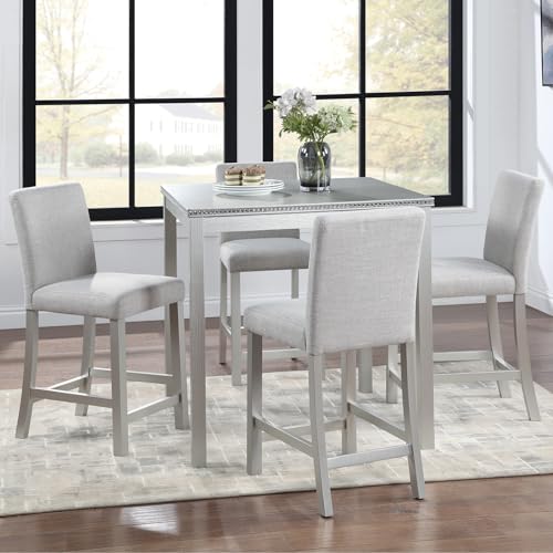 KEIKI 5-Piece Counter Height Dining Table Set with Square Table and 4 Upholstered Chair, for 4 Person, Modern Crystal Decoration Wooden Table Set, Easy Assembly, for Kitchen, Dining Room, Silver Grey KEIKI