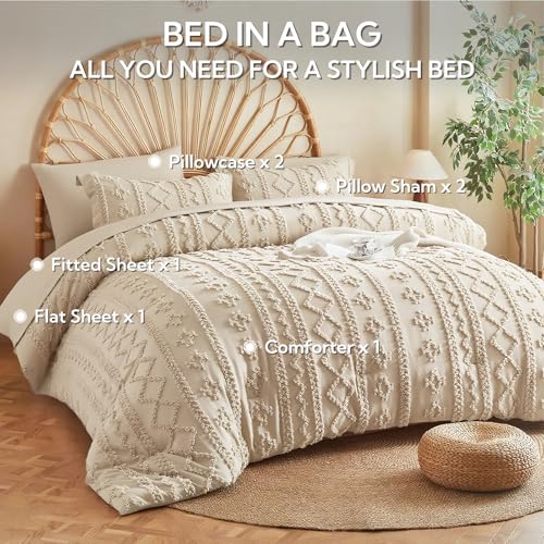 MR&HM Full Size Bed Sheets and Comforter Set Beige, 7 Pieces Tufted Boho Beddding Sets, Farmhouse Style Bed in a Bag with 1 Comforter, 2 Pillow Shams, 2 Pillowcases, 1 Flat Sheet, 1 Fitted Sheet MR&HM