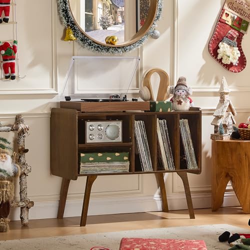 Lerliuo Record Player Stand with 4 Cabinet Holds Up to 220 Albums, Large Turntable Stand with Beech Wood Legs, Mid-Century Record Player Table,Retro Brown Vinyl Holder Storage for Bedroom Living Room Lerliuo