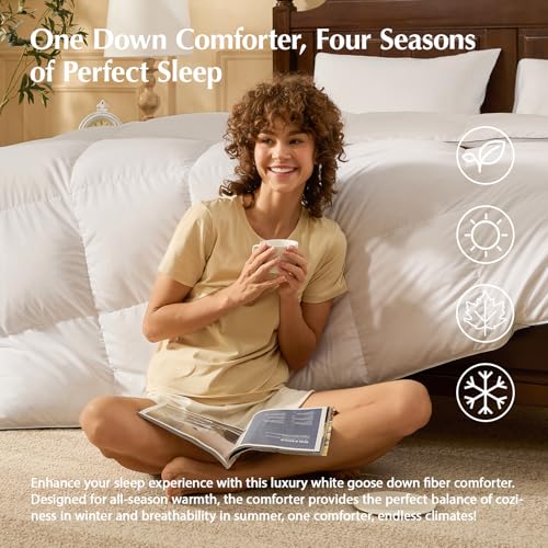 Pacific Coast Goose Feather Down Fiber Comforters King Size, Extra Fluffy White Duvet Insert, Ultra-Soft, Breathable, All Season Hotel Luxury Bedding Comforters, 8 Corner & Center Loops (106"x90") Pacific Coast