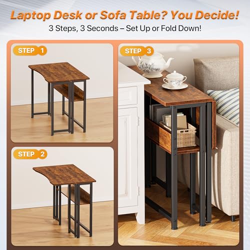 Huuger Folding Desk with Storage Shelf, 31.5 Inch Foldable Computer Table for Small Spaces, Space Saving Sofa Table for Couch, Writing Work Office Computer Desk, Easy to Fold, Rustic Brown Huuger