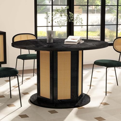 DWVO Round Dining Table for 4-6 People, 47 Inch Farmhouse Kitchen Table with Rattan Circular Base, Wooden Dinner Table for Dining Room Family Gathering, Black DWVO
