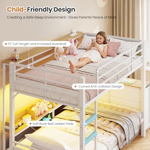 DICTAC Twin Over Twin Bunk Bed with 6 Storage Drawers,Led Lights and Charging Station Metal Bunk Beds with Side Bookcase,3 Storage Boxes &Shelf,L-Shaped bunk Bed with Safety Guardrail and Ladder,White DICTAC