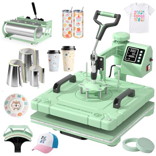 Slendor 8 in 1 Heat Press Machine 15x15 inch 360-Degree Swing Away Digital T Shirt Pressing Machine Multifunction Heat Transfer Sublimation Combo for T Shirts Mugs Hat Plate Cap, Green Slendor