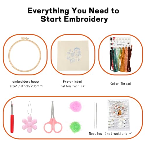 JOINRUN Beginner Embroidery Kit for Adults, Fox Cross Stitch Kits with 7.9" Hoop, Threads, Needles, Learn Stitches with Pre-Printed Patterns, Video Tutorial, DIY Needlework Craft Gift for Women