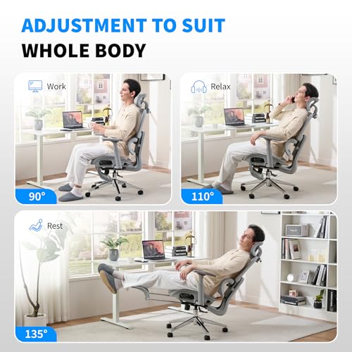 hujusko Mesh Ergonomic Office Chair with Footrest,High Back Mesh Gaming Chair with Lumbar Support,Adjustable Headrest and Armrests for Home Office Desk Chair (Modern, Grey) hujusko