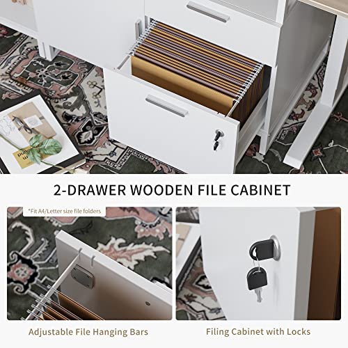 FEZIBO 66 Inch Executive L Shaped Standing Desk, Electric Height Adjustable Stand up Desk with 2-Drawer File Cabinet, Home Office Modern Wood Computer Desk with Shelves, White Frame/Light Walnut Top FEZIBO