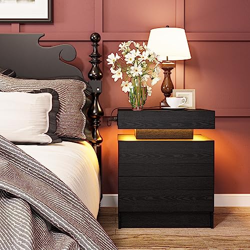 LIKIMIO Night Stand with Charging Station, Modern Black Nightstand with LED Light and Drawers, Bedside Tables/End Table for Bedroom LIKIMIO