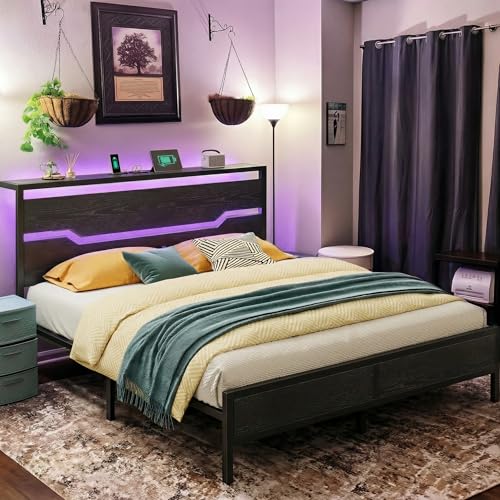 Homkdom King Size Bed Frame with LED Lights & Charging Station, King Bed Frame and Headboard,Metal Bed Frame King Size Heavy Duty,13" Under Bed Storage,No Box Spring Needed, No Noise,Modern Black Homkdom