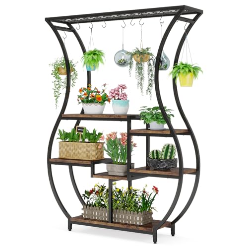 Tribesigns 6-Tier Plant Stand, 70.9 Inch Tall Plant Shelf with 10 Hanging Hooks, Vase Shape Ladder Plant Stand, Multi-Purpose Plant Display Rack for Indoor, Balcony, Living Room, Brown and Black Tribesigns