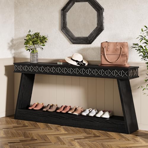 Tribesigns 70.9 Inch Long Console Table for Entryway, 2-Tier Farmhouse Entryway Table with Storage, Narrow Sofa Table Behind The Couch, Wood Accent Table for Hallway, Living Room, Foyer, Black Tribesigns