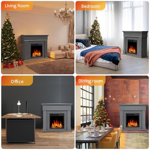 43 Inch Electric Fireplace with Mantel Wooden Surround Firebox TV Stand,FreeStanding Electric Fireplace Heater Entertainment Center,Adjustable Led Flame,750W-1500W,Grey ZAFRO
