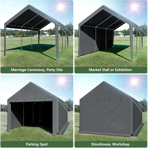 Carport, 10x20ft Heavy Duty Car Port, Portable Garage with Removable Sidewalls & Doors, Car Canopy with All-Season Tarp for Car Boat Truck Party (S-Grey) TANGJEAMER