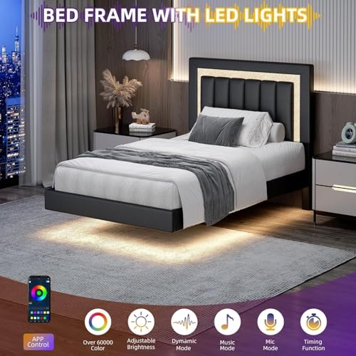 HOMBCK Floating Bed Frame Twin with Smart LED Lights, Faux Leather Upholstered Platform Bed with Diamond Headboard, No Box Spring Needed, Noise Free, Easy Assembly, Black HOMBCK