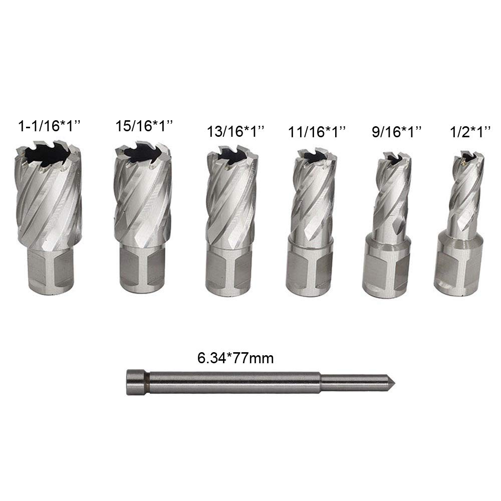 Annular Cutters Set 6pcs JESTUOUS 3/4 Inch Weldon Shank 1 Cutting Depth 1/2-1-1/16 Cutting Diameter Two Flat HSS Slugger Bits for Mag Drill Press with Pilot Pin JESTUOUS