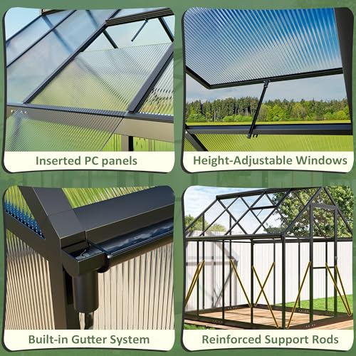 VIWAT 6x7.5 FT Greenhouse for Outdoors, Polycarbonate Greenhouse with Quick Setup Structure and Roof Vent, Aluminum Large Walk-in Greenhouse for Outside Garden Backyard, Black VIWAT