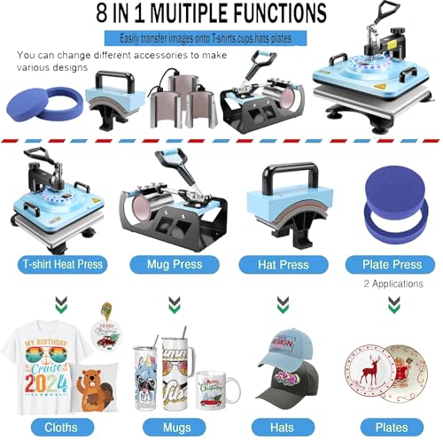 AKEYDIY 8 in 1 Heat Press with Tumbler Attachment 12 x 15 Inch Press W/Light Up PrimePress Sublimation Heat Press Machine Multifunction Swing Away Shirt Printing Heat Press for T-Shirts Cap & Mugs AKEYDIY