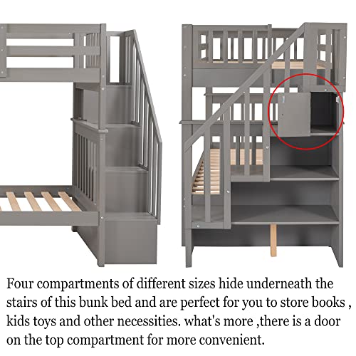 Harper & Bright Designs Twin Over Twin Bunk Bed with Storage Staircase, Wood Bunk Bed with Full-Length Fence Kids, Teens & Adults, Convertible Bunk Beds, Gray Harper & Bright Designs