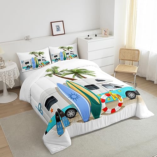 Erosebridal Ocean Beach Down Comforter Full Size, Cartoon Surfboard Bus Bedding Set, Palm Trees Comforter Set for Kids Boys Girls Teens, Tropical Coastal Summer Holiday Duvet Insert Bedroom Decor Erosebridal